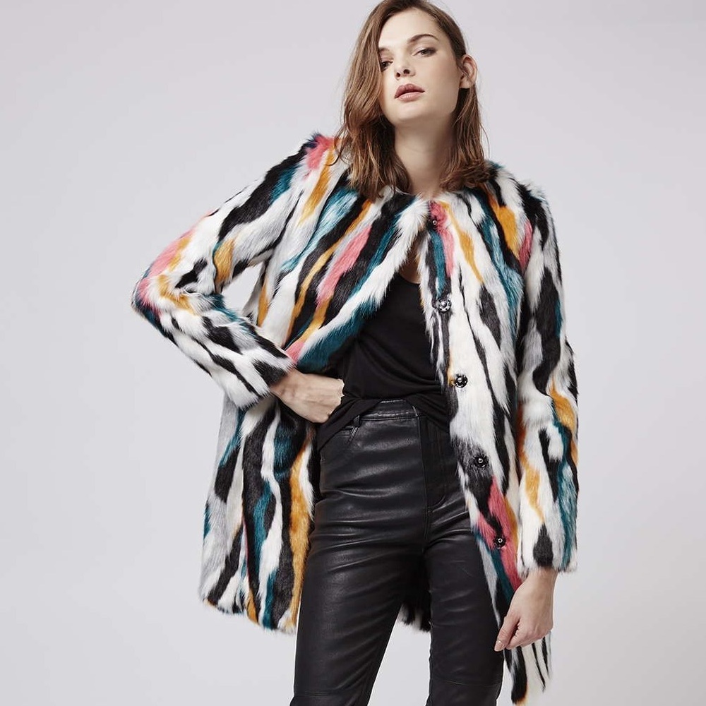 TOPSHOP Multicolor Faux Fur Coat US6